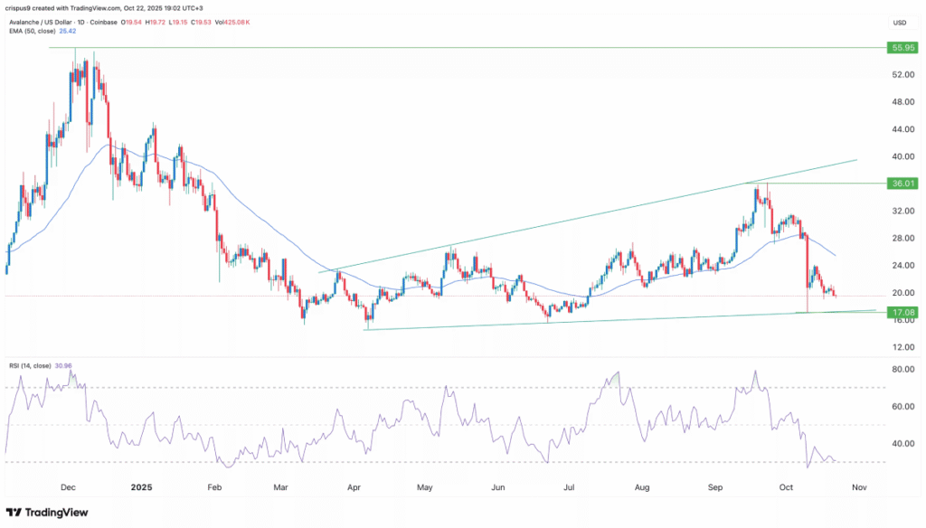 قیمت آوالانچ به زیر سطح کلیدی۲۰ دلاری سقوط کرد؛ الگوی مگافون نوید بازگشت می‌دهد