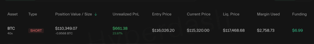 نهنگ معروف هایپرلیکویید با اهرم ۴۰ برابری روی بیت کوین پوزیشن فروش باز کرد