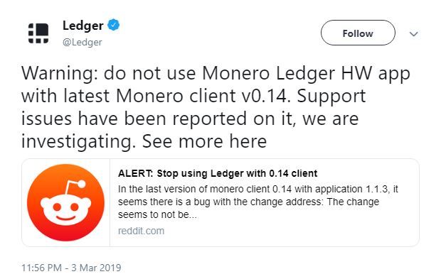 هشدار کیف پول سخت افزاری لجر به دارندگان مونرو در این کیف پول