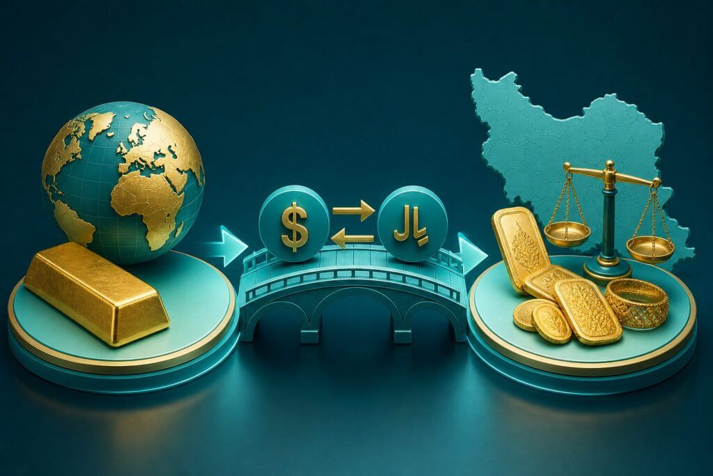 اونس طلا چیست؟ وزن، قیمت جهانی و روش تبدیل آن نمودار مفهومی مسیر تبدیل قیمت اونس جهانی و نرخ ارز به قیمت طلای ایران