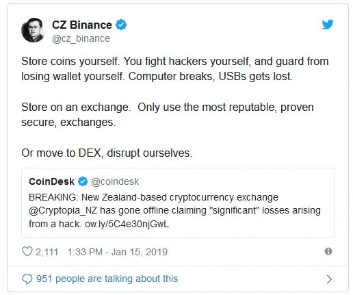 مدیر بایننس پس از توصیه به نگهداری ارزهای دیجیتال در صرافیها مورد انتقاد قرار گرفت مدیر بایننس پس از توصیه به نگهداری ارزهای دیجیتال در صرافیها مورد انتقاد قرار گرفت