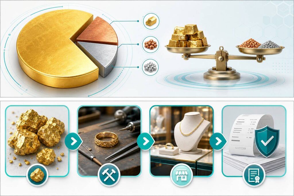 طلای ۱۸ عیار چیست و چه تفاوتی با طلای ۲۴ عیار دارد؟ نمای آموزشی ترکیب ۷۵ درصد طلای خالص و فلزات مکمل در طلای ۱۸ عیار
