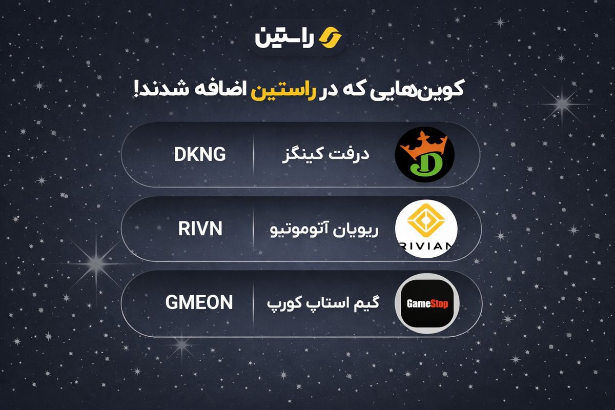 ارزهای سهامی درفت کینگز (DKNG)، ریویان آتوموتیو (RIVN) و گیم‌استاپ کورپ (GMEON) به فهرست نمادهای قابل معامله صرافی راستین اضافه شدند.