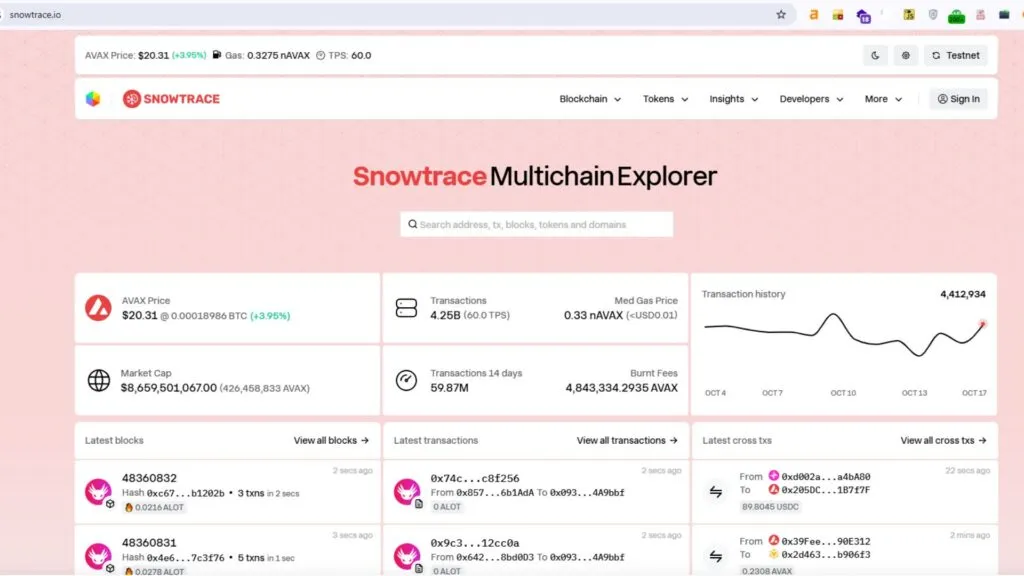 پیگیری تراکنش تتر در شبکه آوالانچ (Avalanche) ورود به سایت SnowTrace