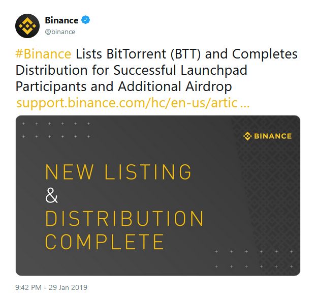 توکن بیت تورنت (BTT) فردا به صرافی بایننس اضافه خواهد شد توکن بیت تورنت (BTT) فردا به صرافی بایننس اضافه خواهد شد