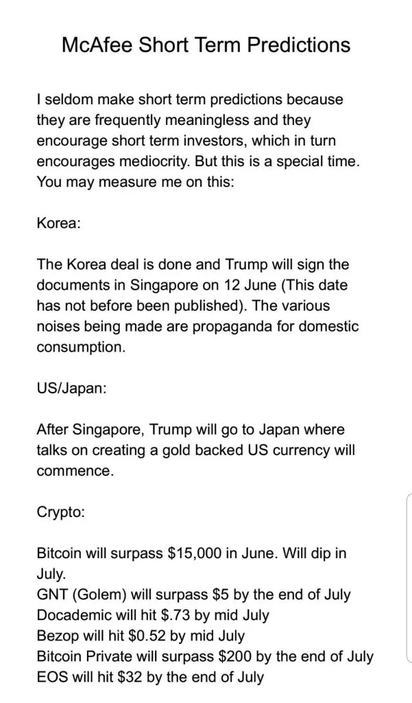 پیشبینی عجیب مک آفی از قیمت ارزهای دیجیتال در ماه ژوئن !