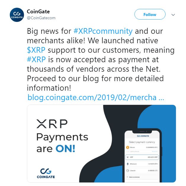 شرکت کوین گیت ریپل را به عنوان روش پرداخت پذیرفت