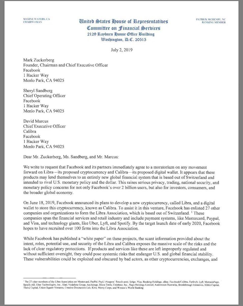 کنگره آمریکا با ارسال نامه‌ای خواستار توقف برنامه لیبرا شد