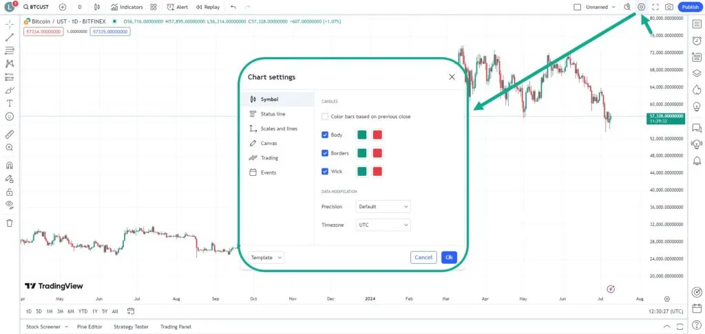 آموزش کامل تریدینگ ویو (Tradingview) و استفاده از ابزارها پنجرهی تنظیمات نمودار در سایت تریدینگ ویو