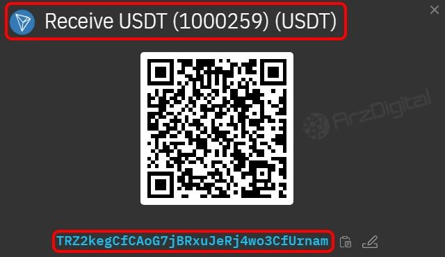 نمایش آدرس تتر راه‌اندازی شده بر بستر بلاک چین ترون در کیف پول کوینومی 
