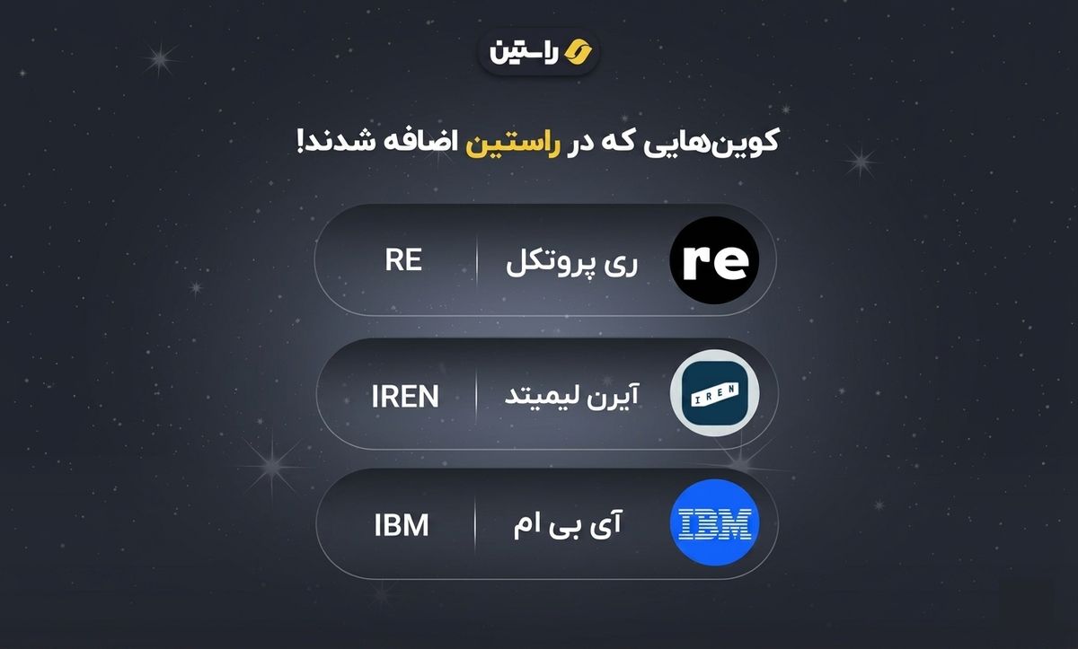 ارزهای دیجیتال ری پروتکل (RE)، آیرن لیمیتد (IREN) و آی‌بی‌ام (IBM) به فهرست نمادهای قابل معامله صرافی راستین اضافه شدند.