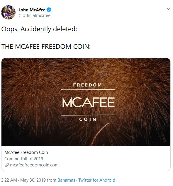 توییت جان مک آفی و اعلام عرضه سکه آزادی 