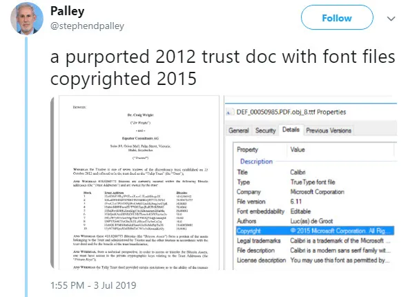 کریگ رایت از مدارک ساختگی برای اثبات بیگناهی در دادگاه استفاده کرده است ارائه مدارک جعلی و ساختگی توسط کریگ رایت در دادگاه برای پرونده شکایت ورثه دیوید کلیمن