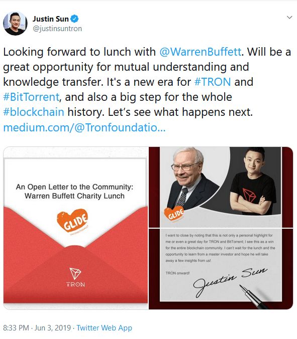 ملاقات خالق ترون با وارن بافت/ ناهاری که برای جاستین سان 4.57 میلیون دلار هزینه داشت ! توییت جاستین سان درباره برنده شدن ناهار با وارن بافت