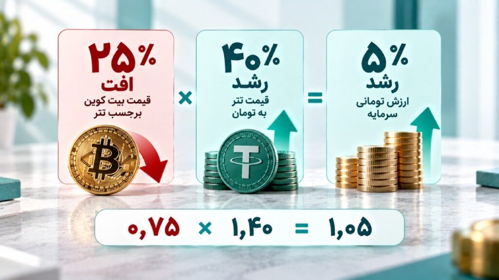 نحوه محاسبه ارزش تومانی بیت‌کوین در مقایسه با تغییر قیمت بیتکوین و ارزش تومانی تتر